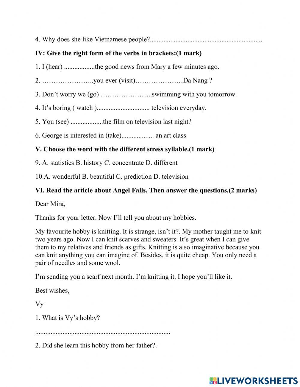 Ôn thi giữa kì 1 tiếng anh lớp 7