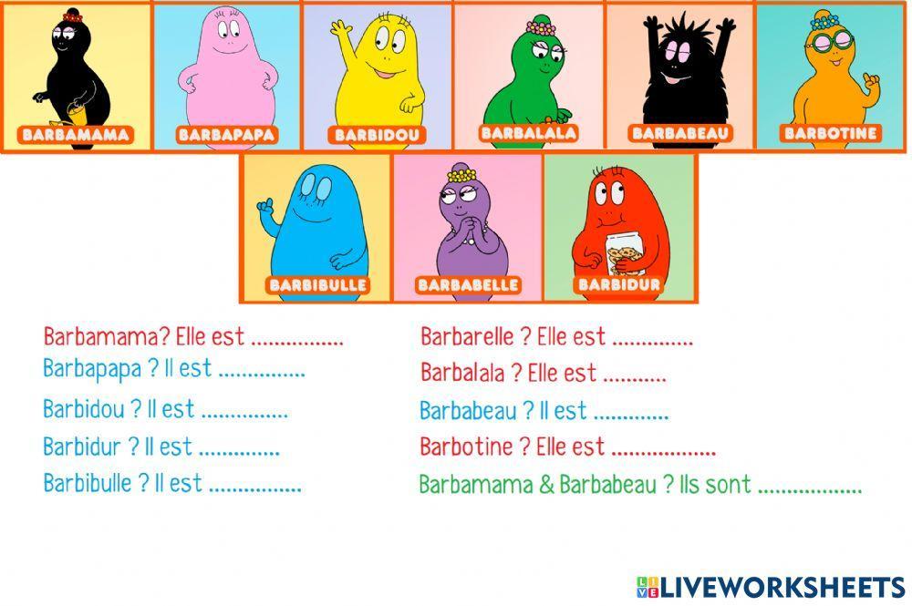 Famille Barbapapa adjectifs de couleur