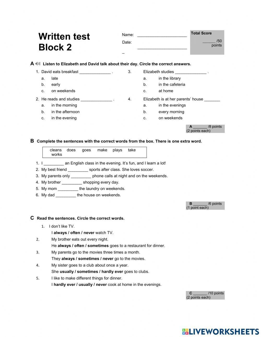 Touchstone 1 Written test Block 2
