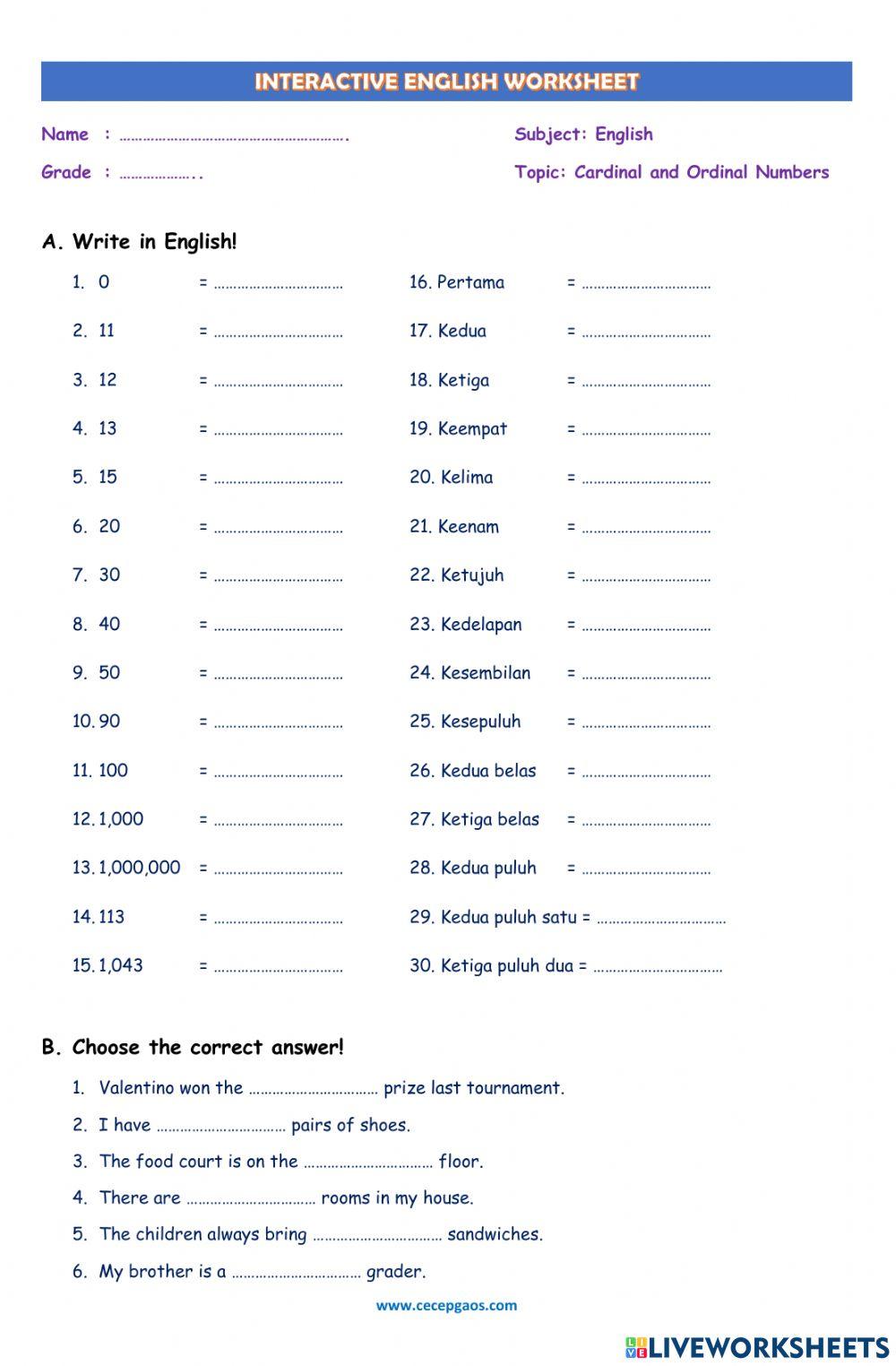 LKPD Interaktif Bahasa Inggris Tentang Cardinal and Ordinal Numbers LKPD Interaktif Bahasa Inggris Tentang Cardinal and Ordinal Numbers