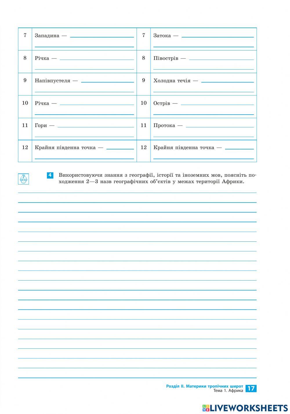 Практична робота № 3 (початок)  Позначення на контурній карті об’єктів берегової лінії та рельєфуАфрики