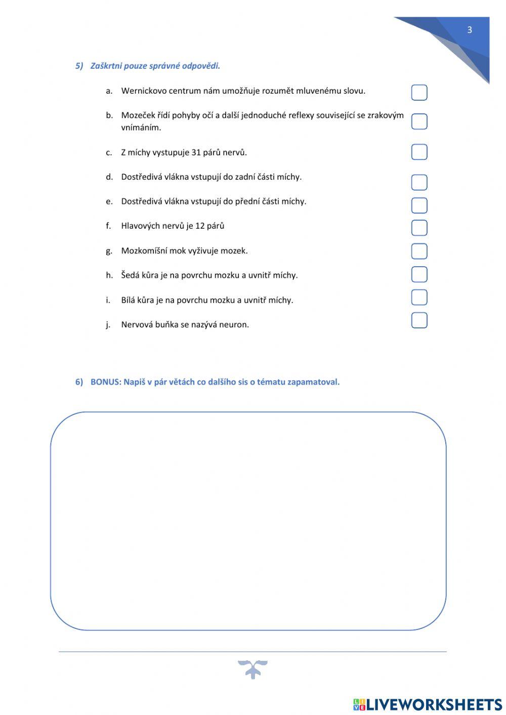 Nervová soustava - praconí list