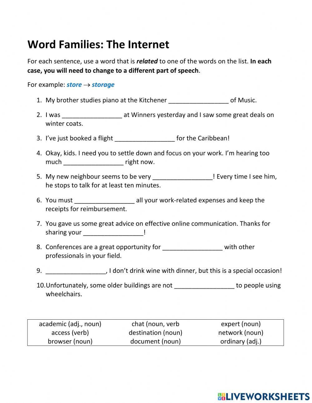 Internet Vocabulary - Word Families