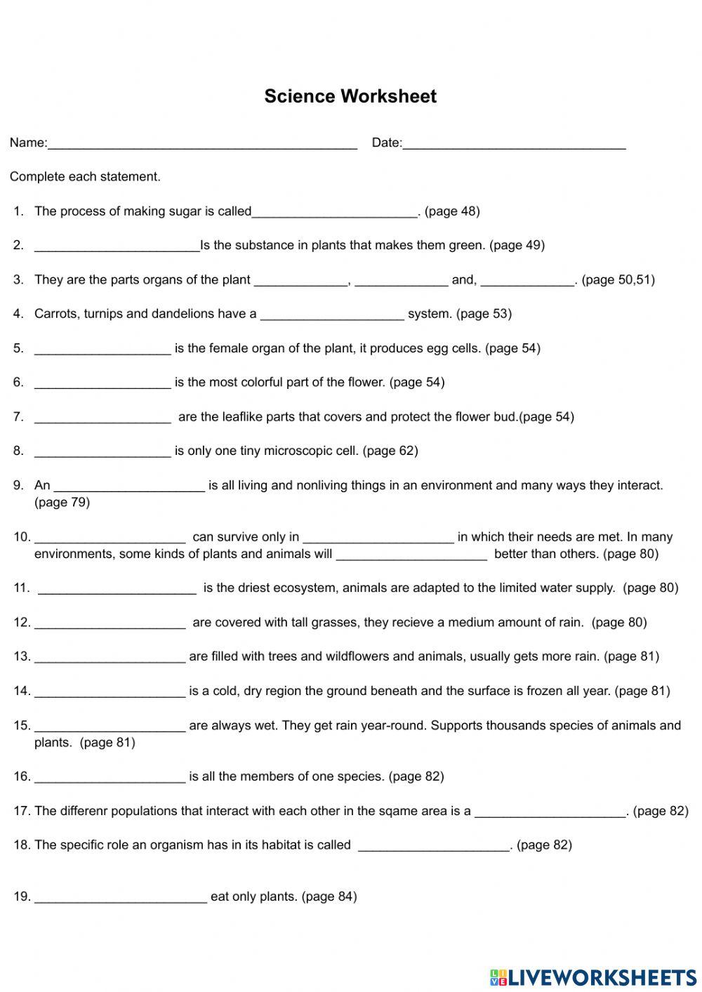Science online exercise for fourth | Live Worksheets