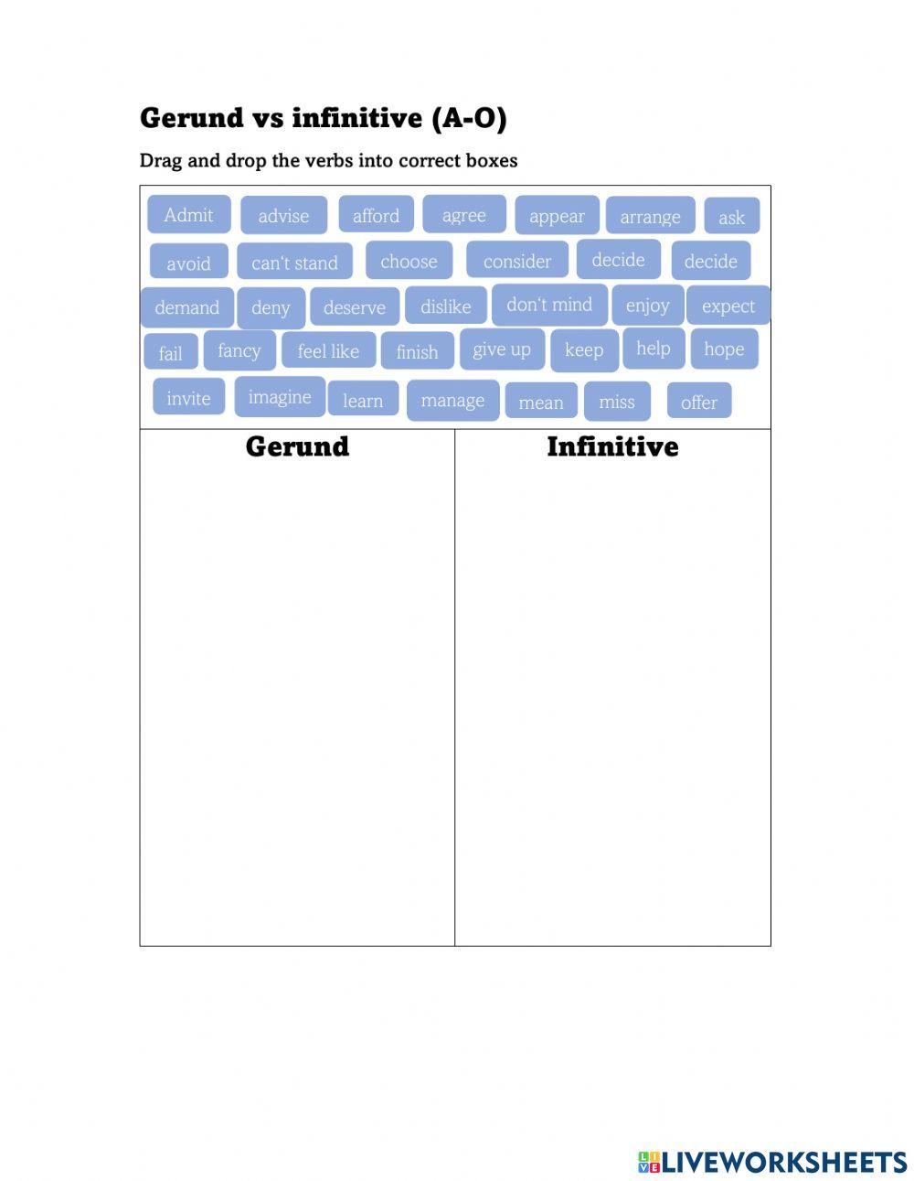 Gerund vs Infinitive A-O