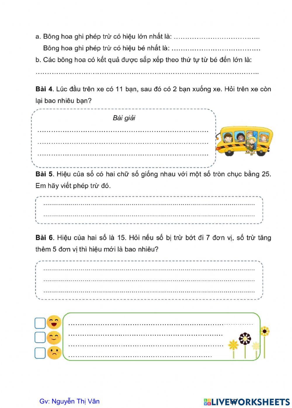 Bảng trừ ( qua 10) tròn PV 20
