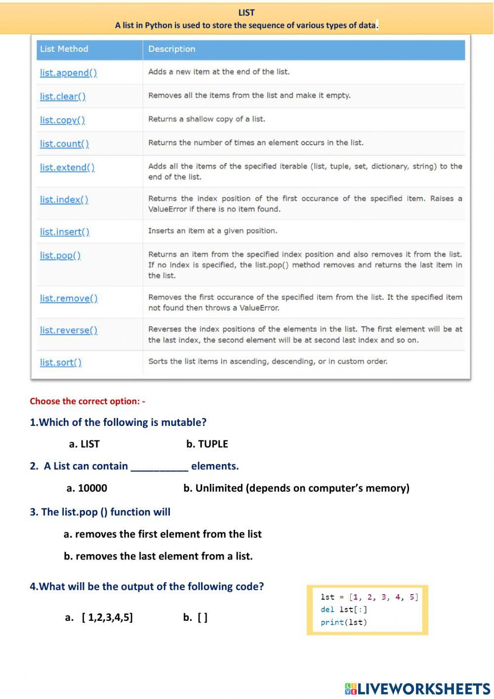 LIST-1 | vani14 | Live Worksheets