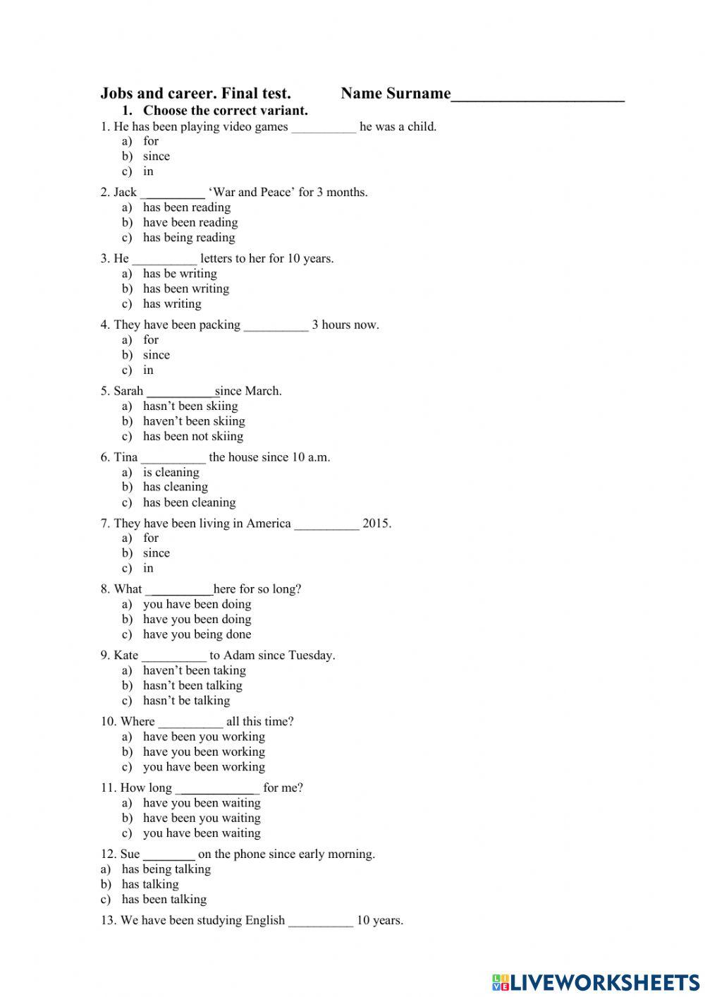 Final test (Present Perfect Continuous+My future career)