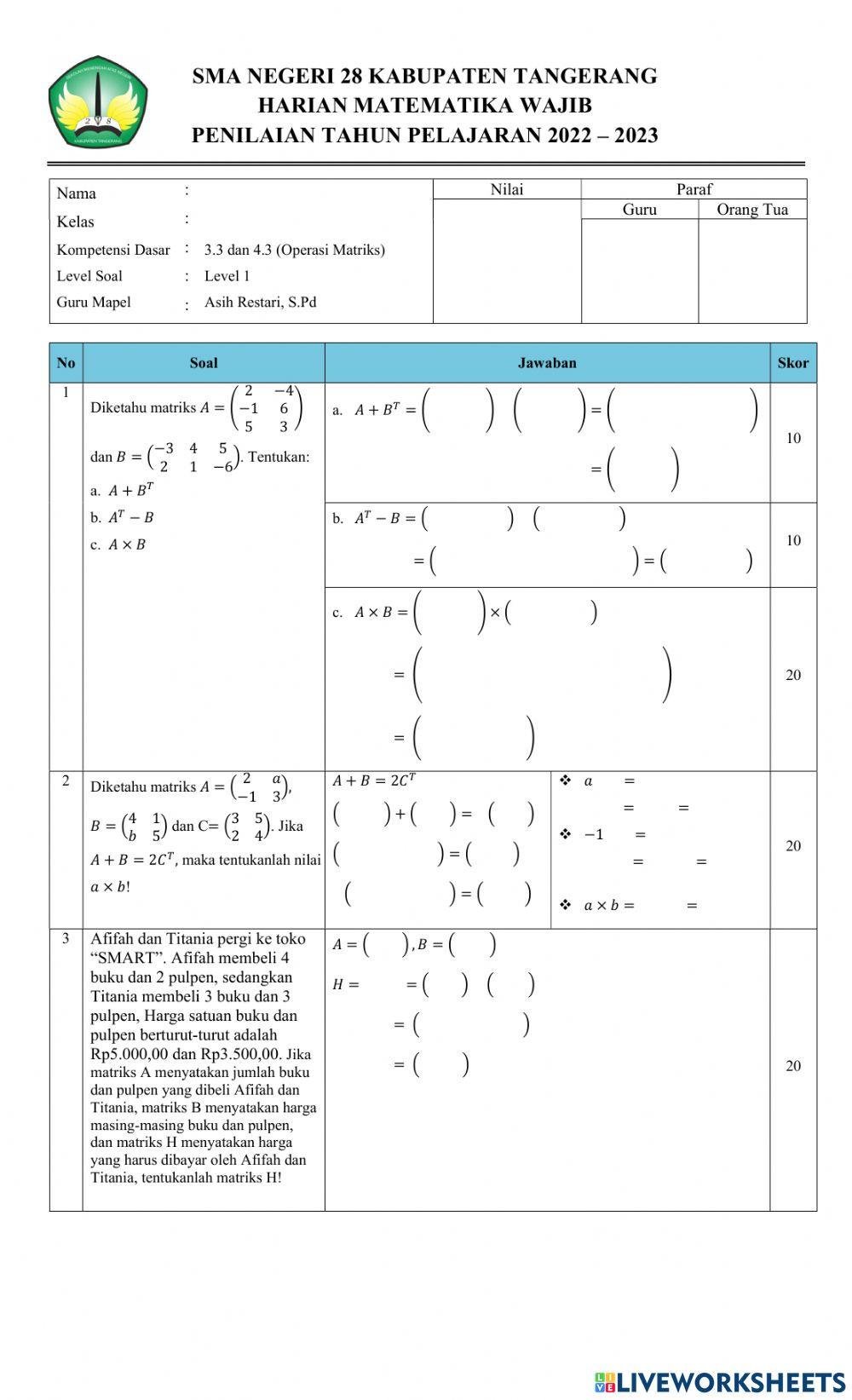 Penilaian Harian KD 3.3 dan 4.3 Level 1