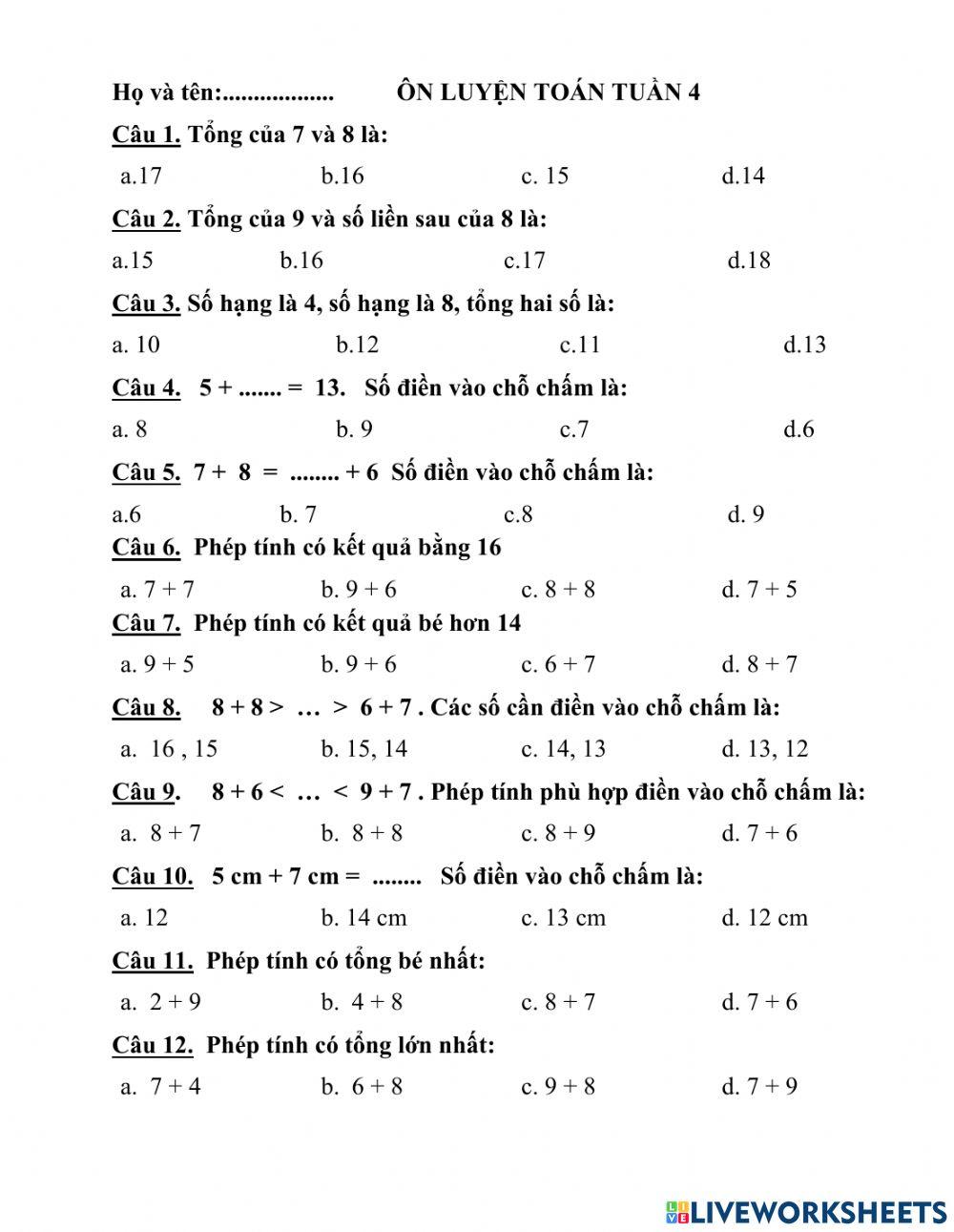 Phiếu ôn tập tuần 4