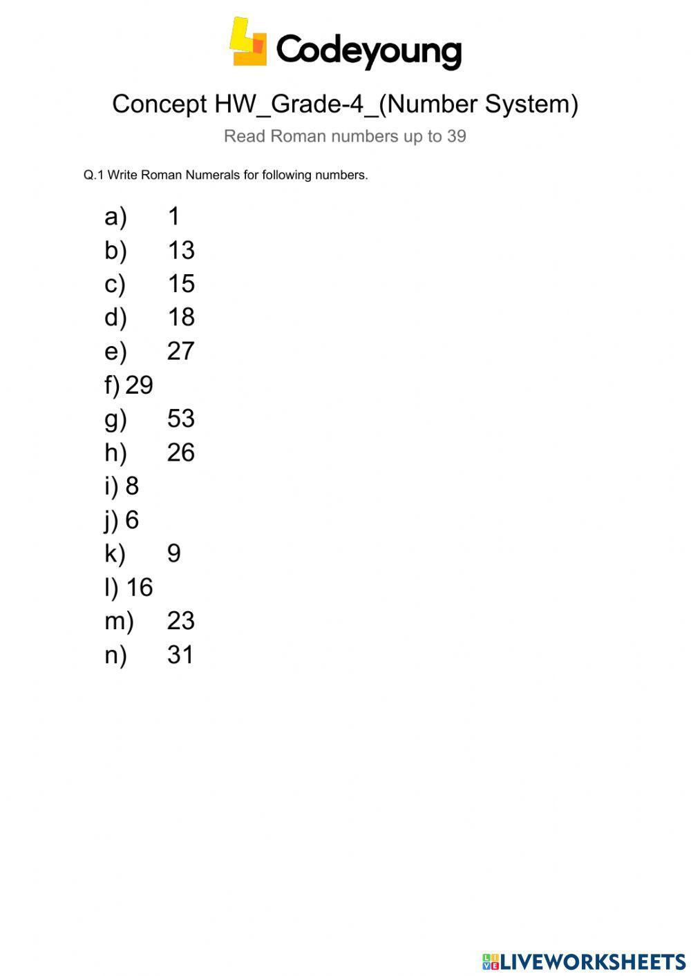 LO2 Write Roman Numerals up to 39-Concept HW
