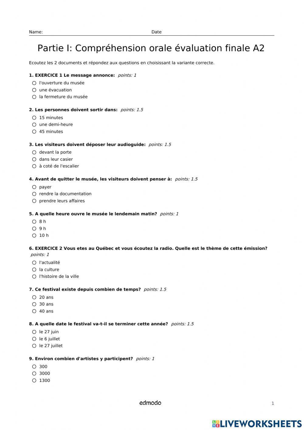 Test Compréhension orale A2