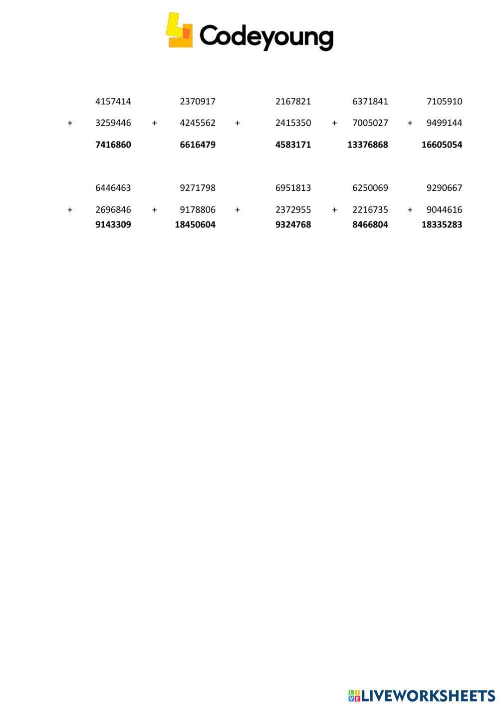 Addition and Subtraction of Numbers up to 7-Digits Concept CW