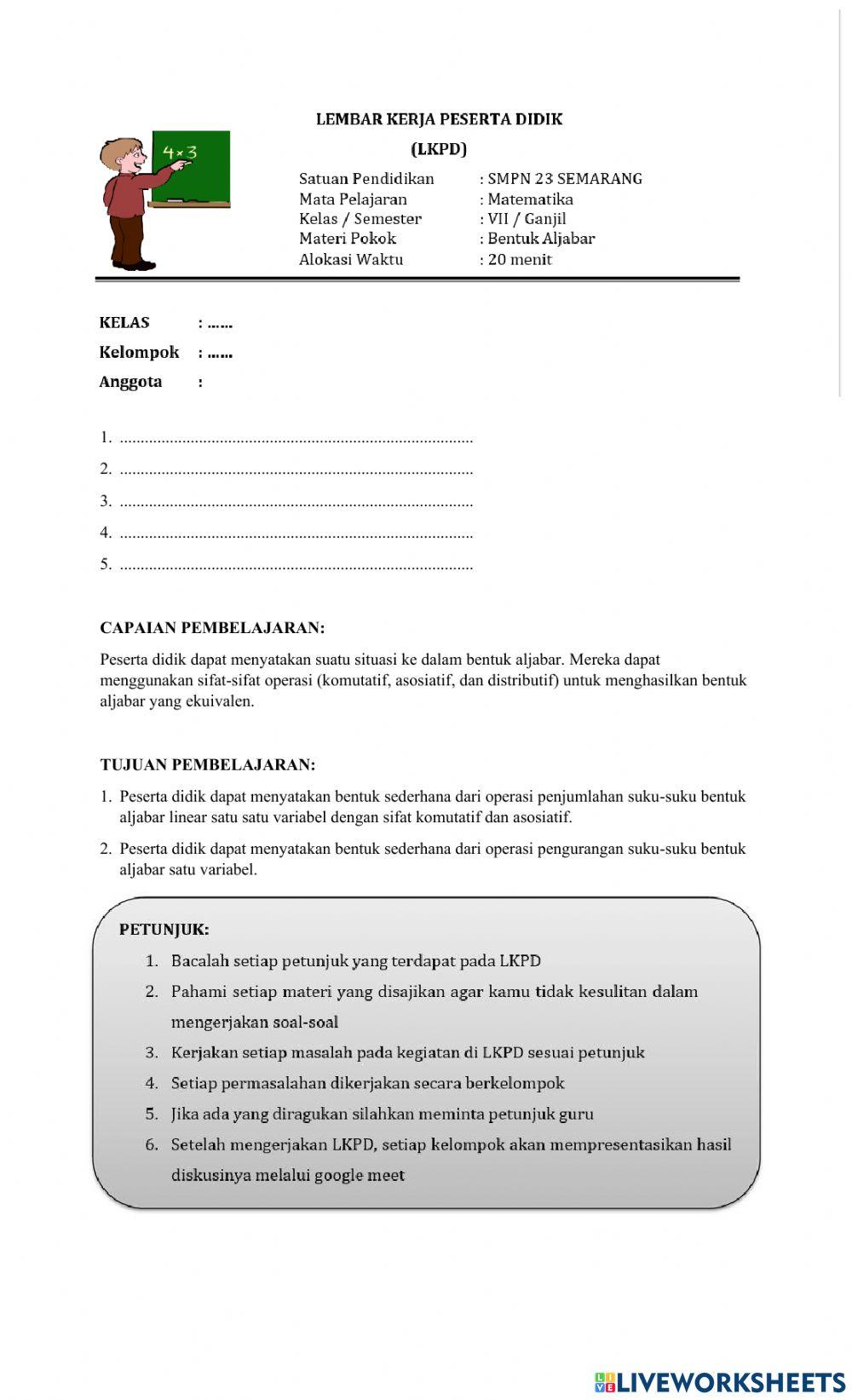 Lkpd penjumlahan dan pengurangan bentuk aljabar