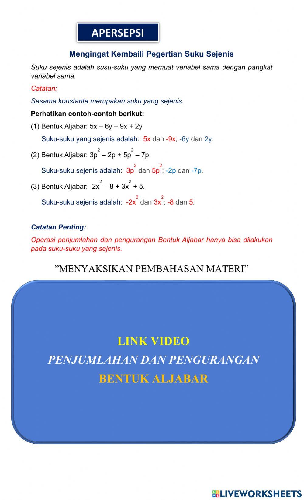 Lkpd penjumlahan dan pengurangan bentuk aljabar