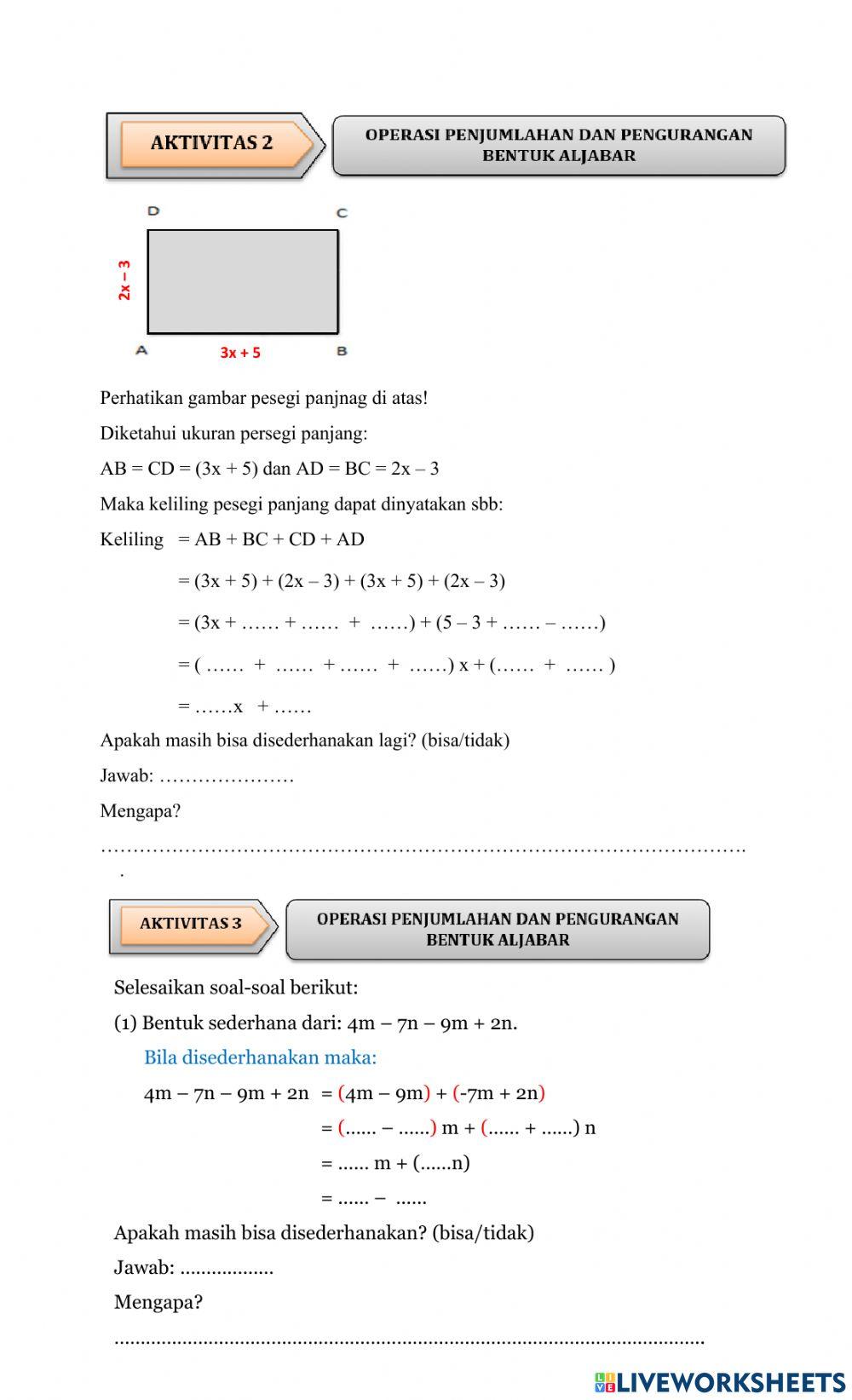 Lkpd penjumlahan dan pengurangan bentuk aljabar