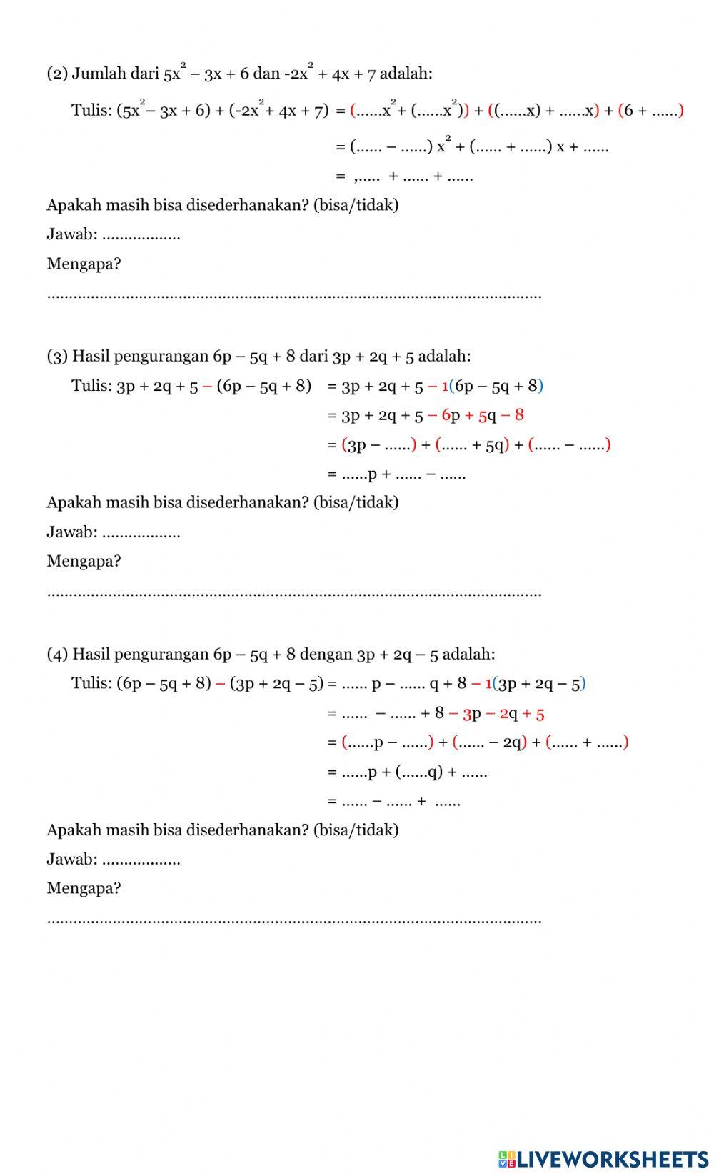 Lkpd penjumlahan dan pengurangan bentuk aljabar