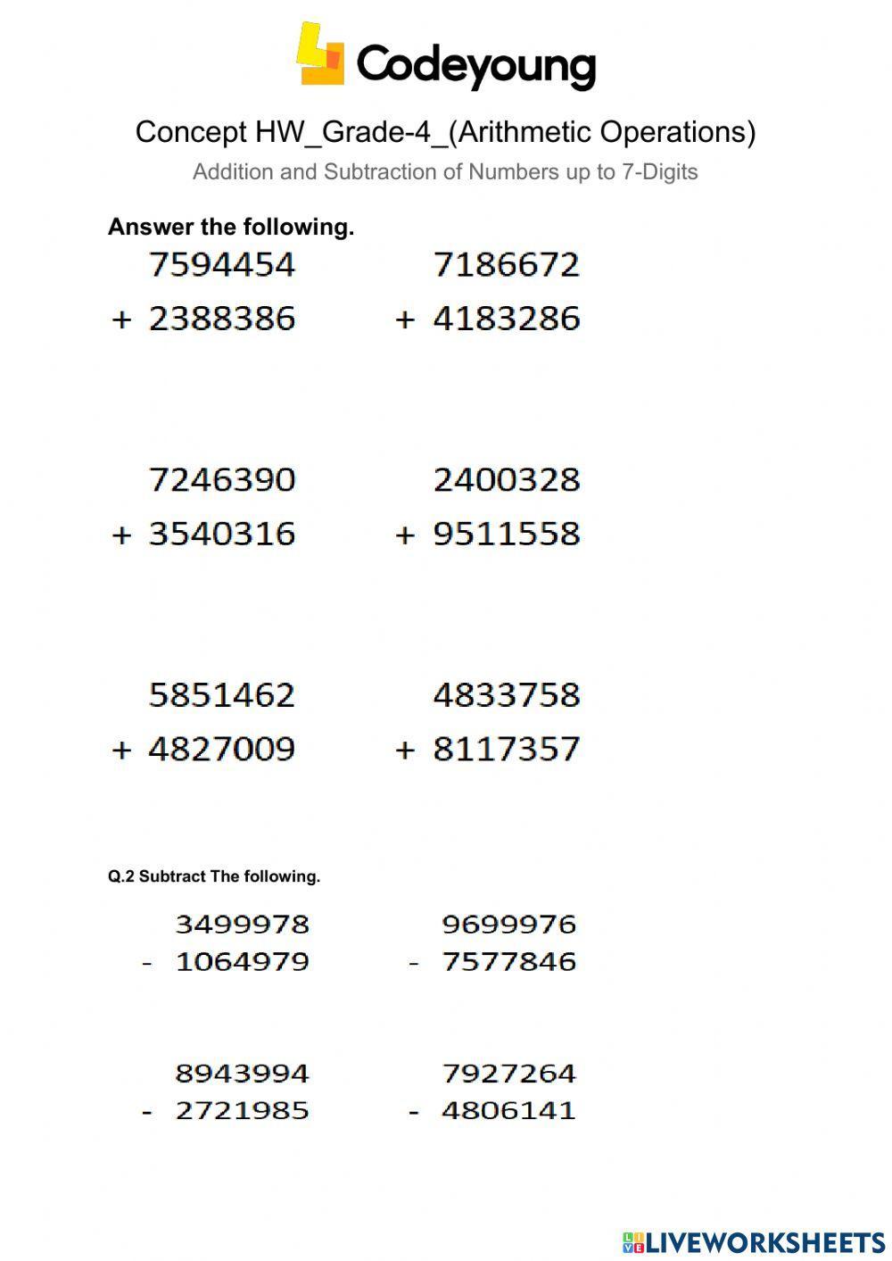 Addition and Subtraction of Numbers up to 7-Digits concept HW