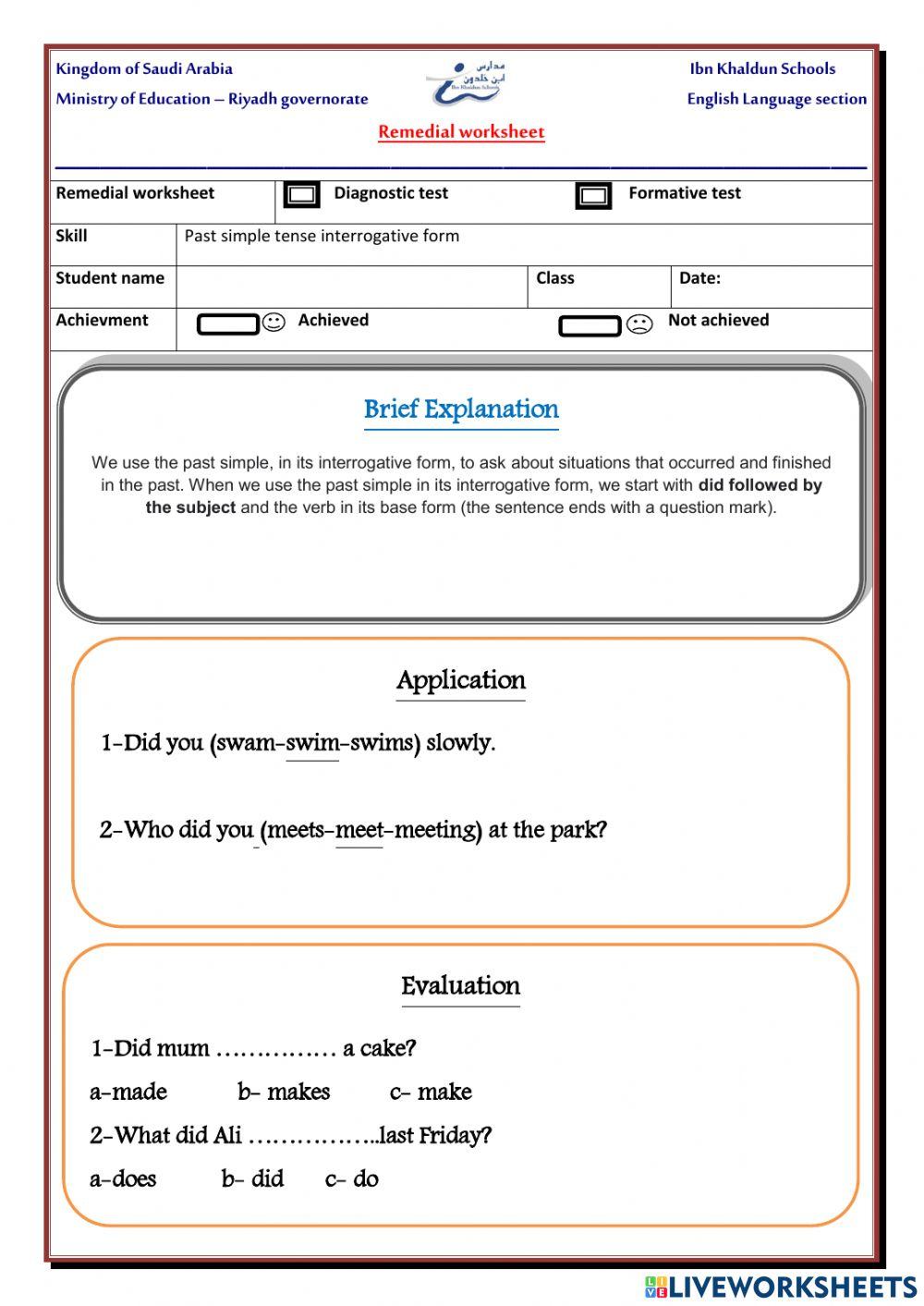Past simple - question form worksheet | Live Worksheets