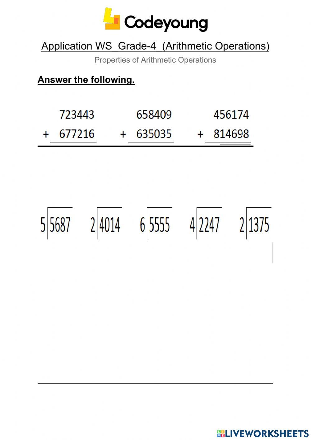 LO1 Properties of Arithmetic Operation Application WS worksheet | Live ...