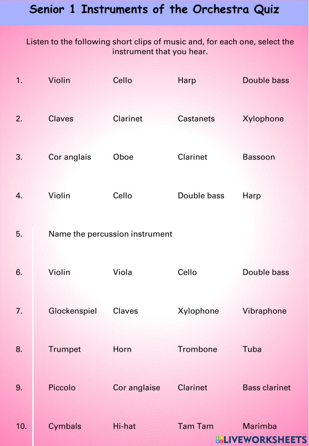Instruments of the Orchestra Quiz online exercise for S13 Live