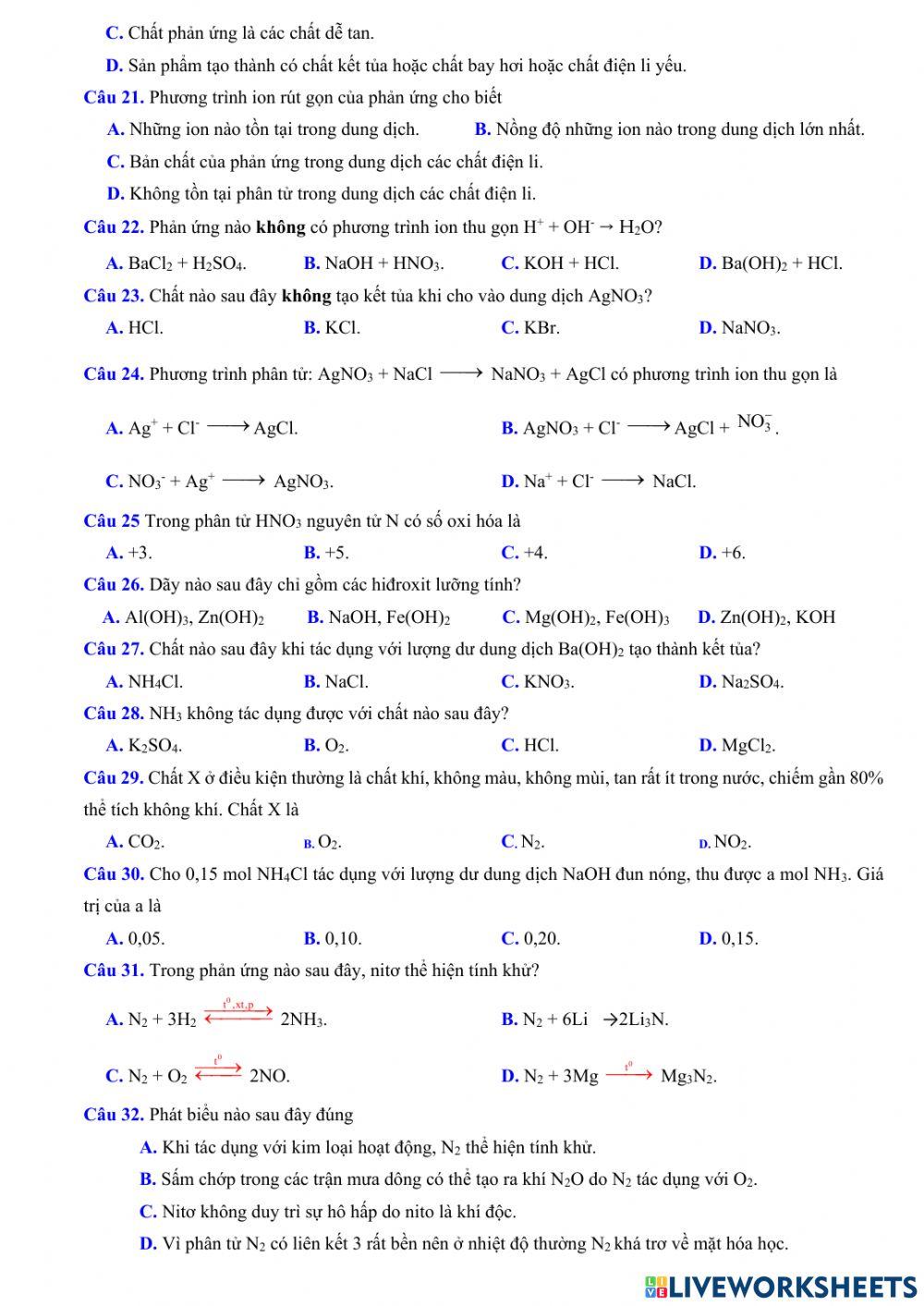 Ôn tập giữa học kì 1 hoá học 11
