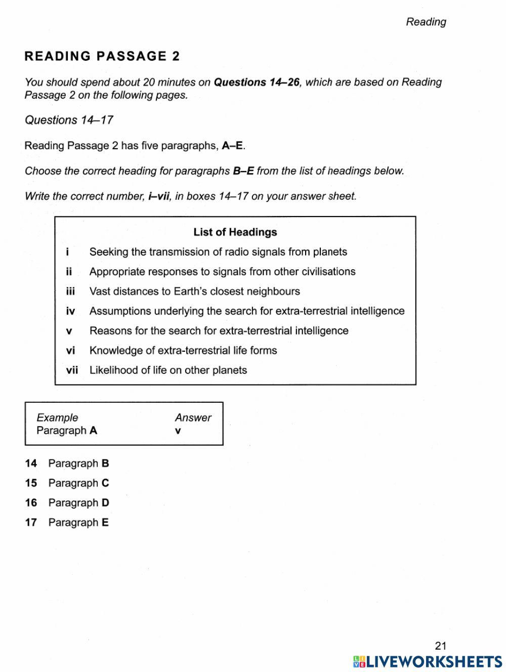 Ielts mini test reading skills online exercise for live worksheets