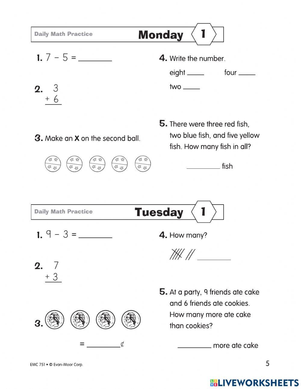 Daily Math Practice Grade 2 Week 1