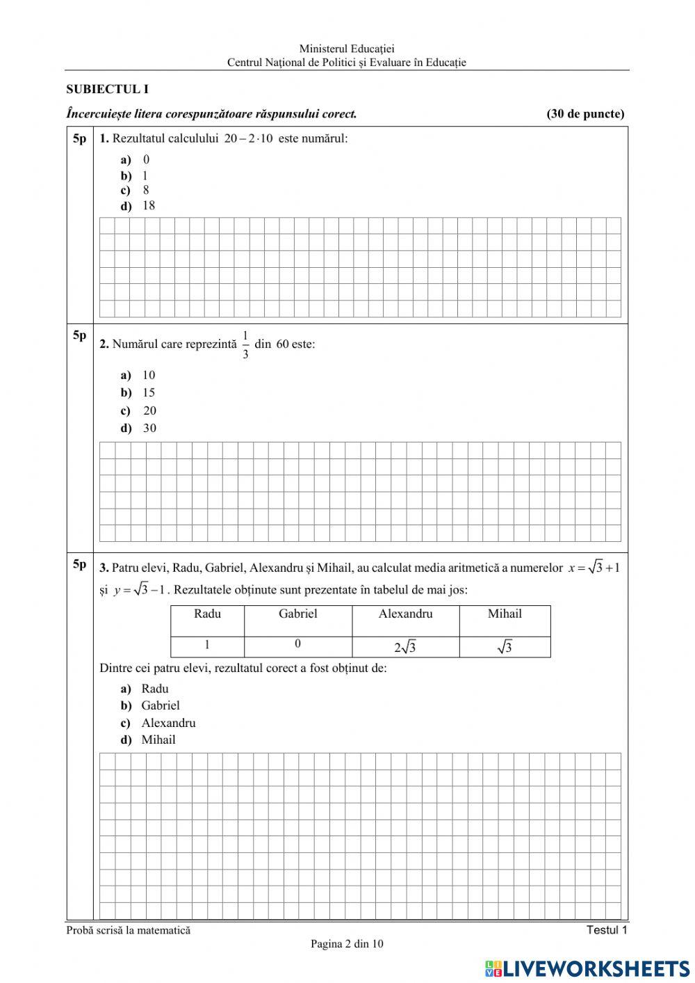 Test1-2001 matematica MEN