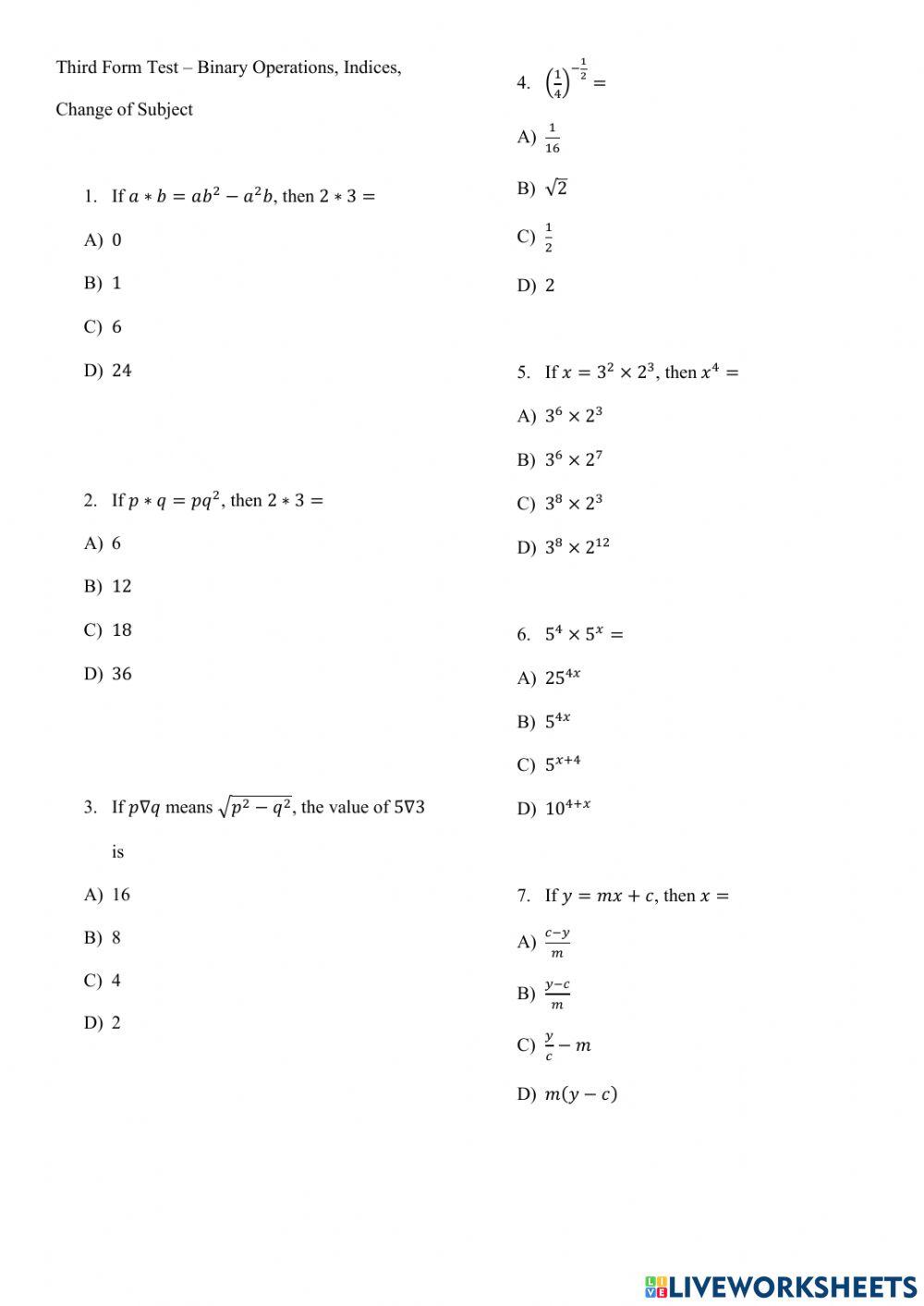 Binary Operations, Indices, Change of Subject