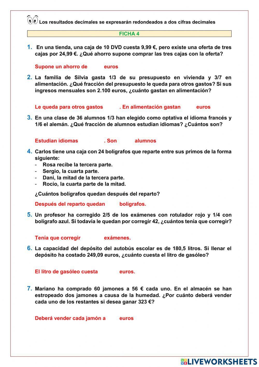 Problemas fracciones y decimales