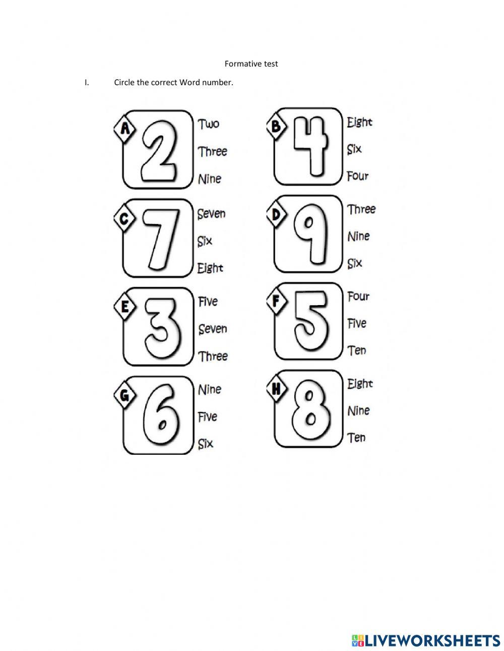 Formative test numbers 1 10 online exercise for live worksheets