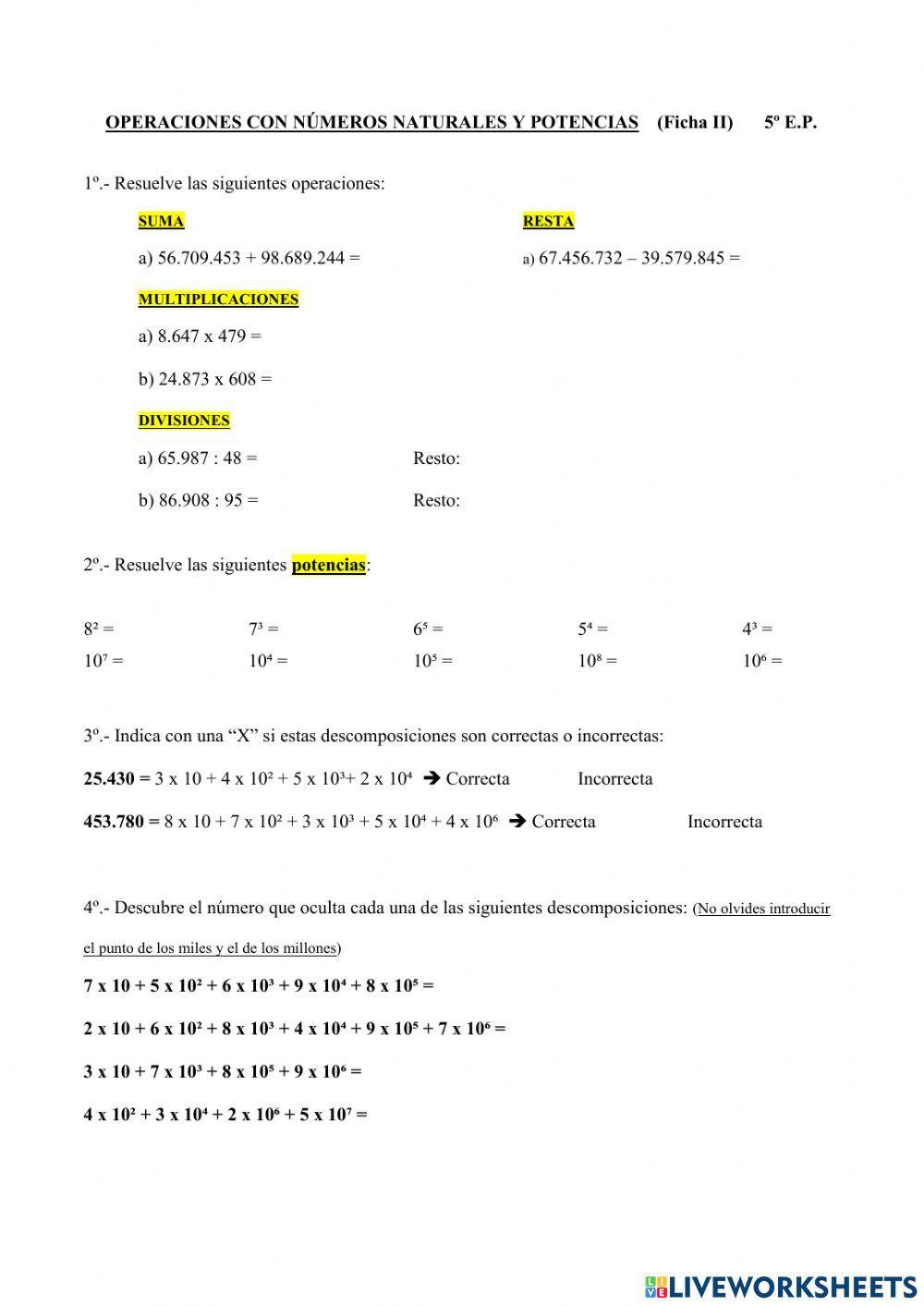 Operaciones con nº naturales y potencias
