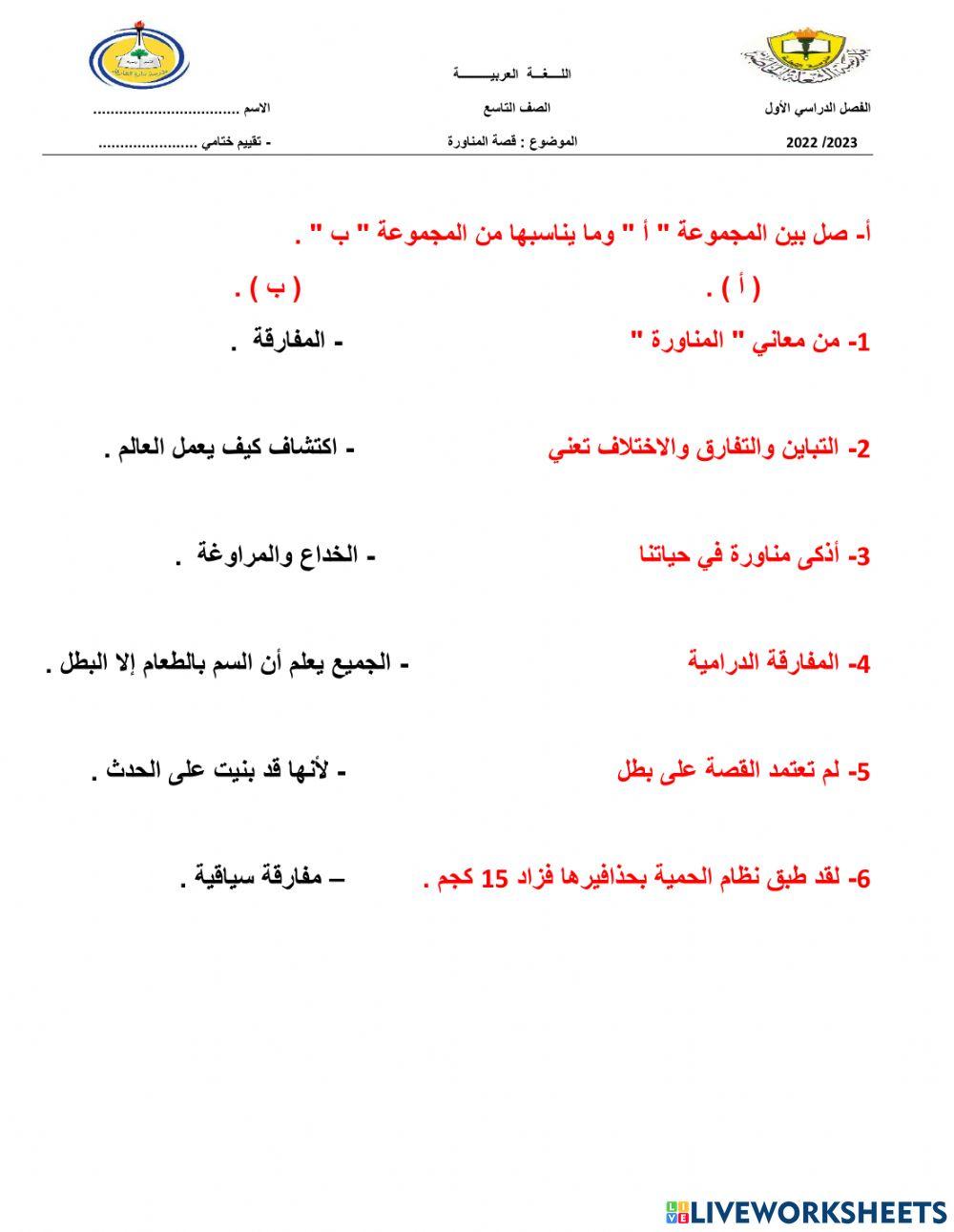 تقييم ختامي لدرس المناورة - صف تاسع -