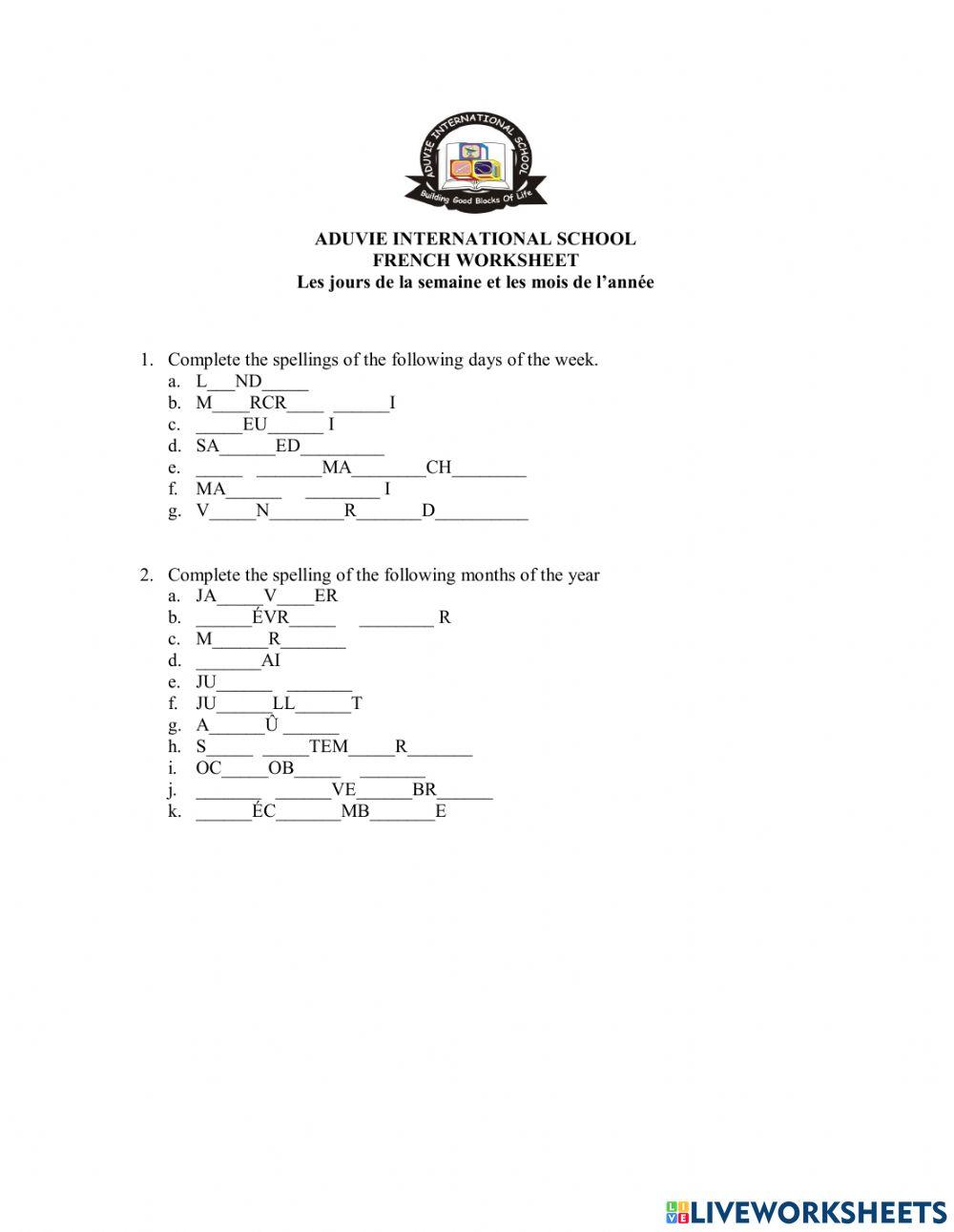 Days of the week and months of the year in french