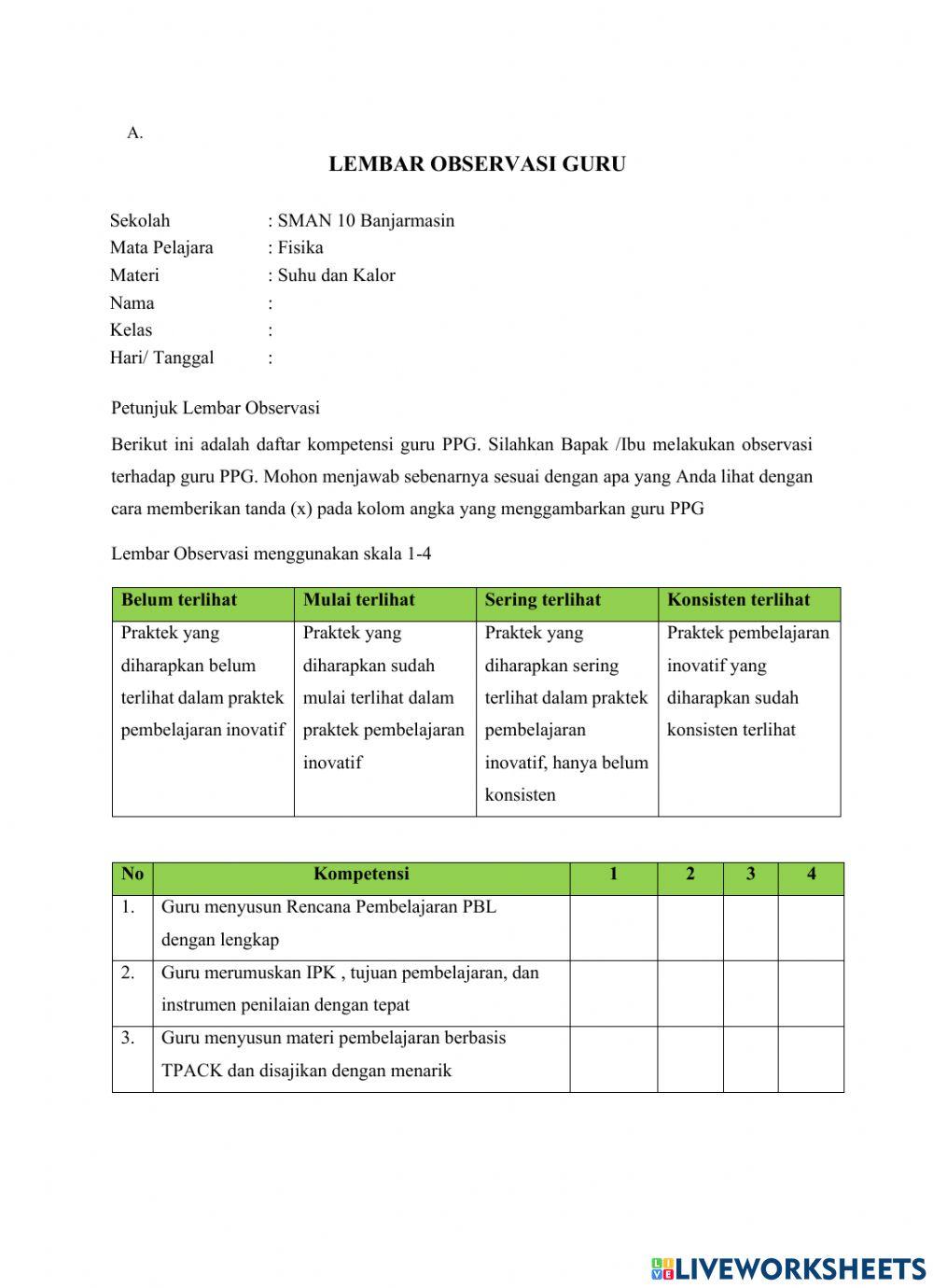 Lembar observasi guru