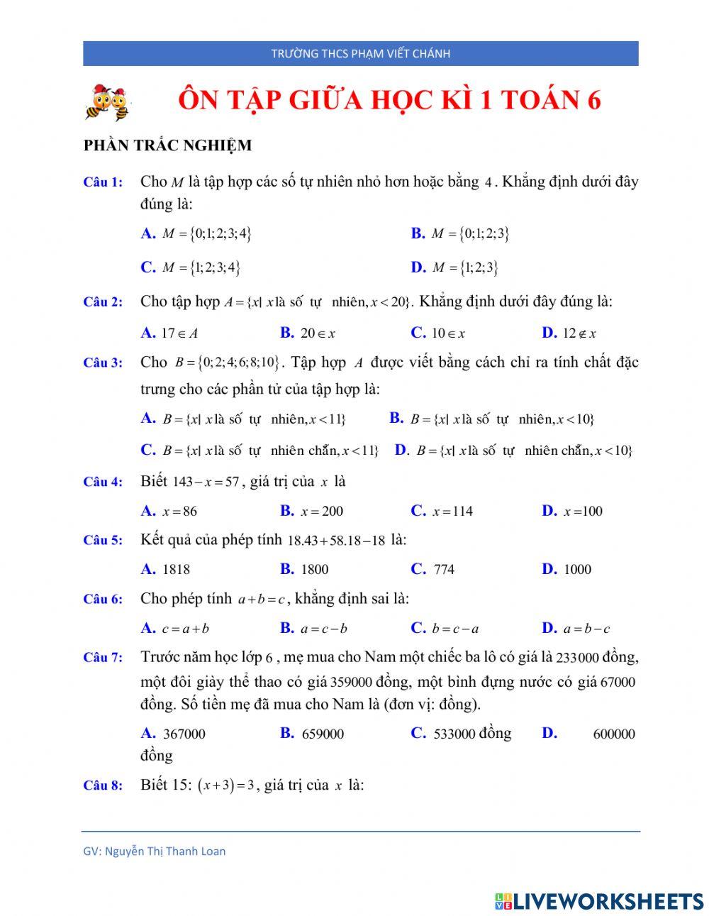 Ôn tập giữa kì 1  toán 6