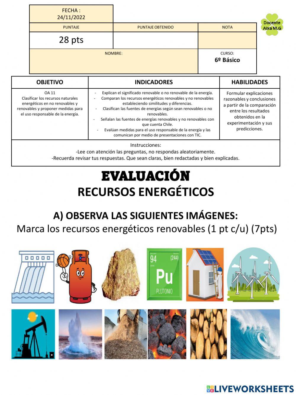 Evaluación energías renovables y recursos energéticos 6º básico Ciencias Naturales