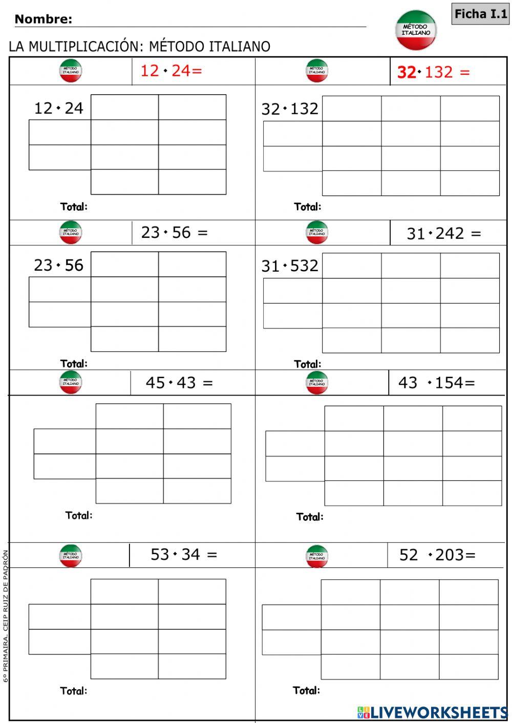 Multiplicar. Método Italiano