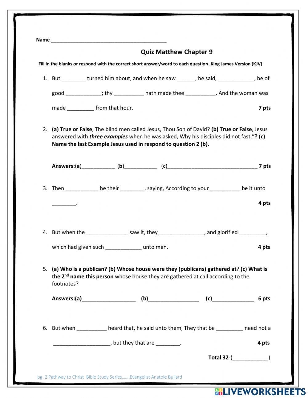 Pathway To Christ Bible Study Series Matthew Chapter 9 KJV Quiz