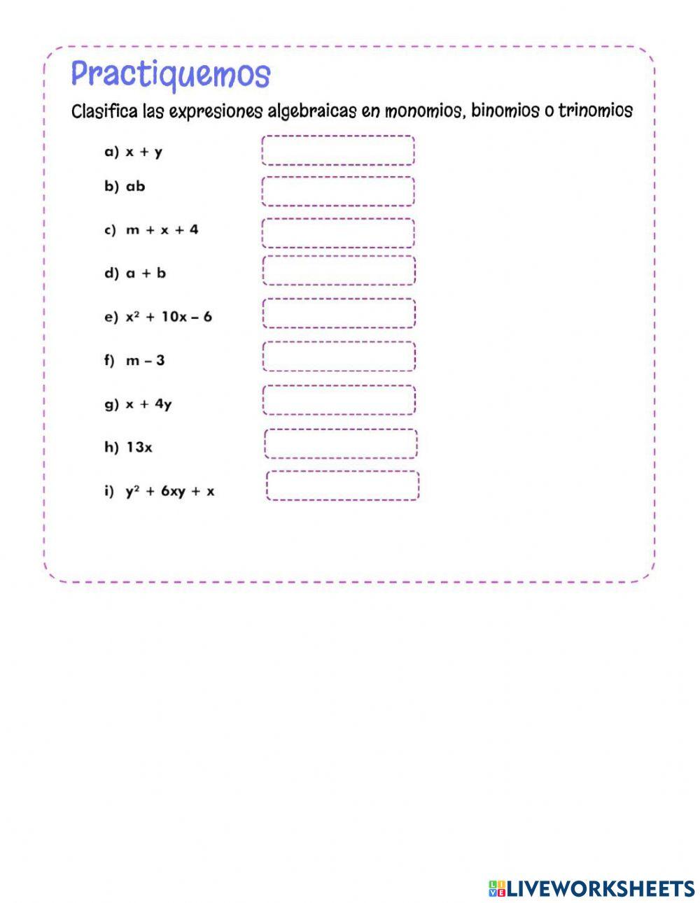 Clasificacion de expresiones algebraicas