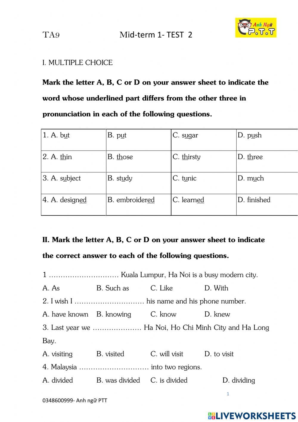 Ta9 mid term 1-test 2 (2022) MS THAO PHAM- QUY NHON city