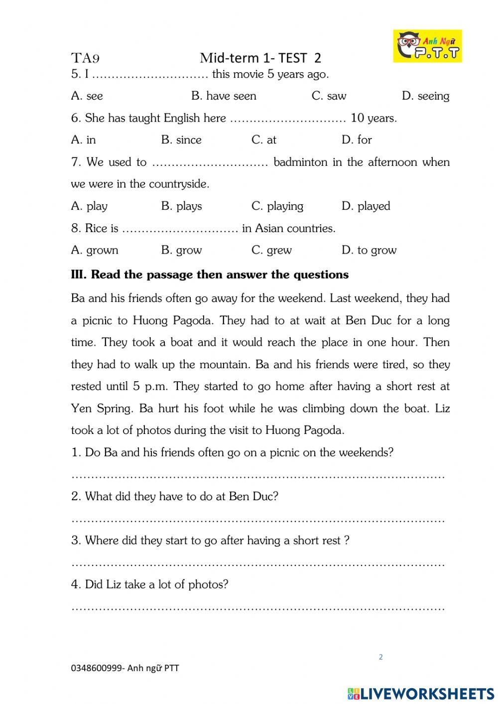 Ta9 mid term 1-test 2 (2022) MS THAO PHAM- QUY NHON city