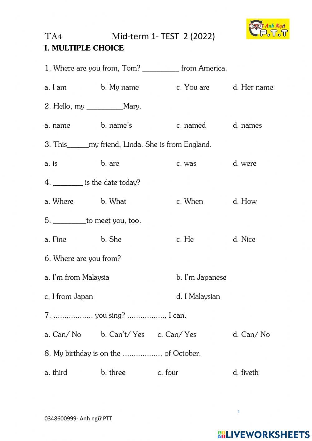 Ta4- mid term s1 test 2 (2022)