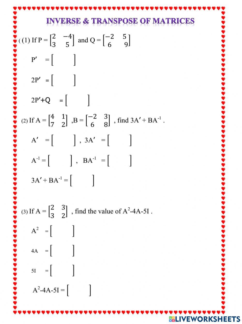 Inverse and Transpose of Matrices | LiveWorksheets