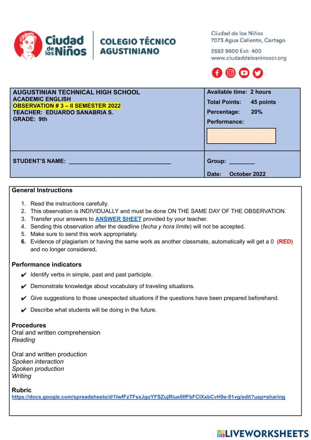 OBSERVATION 3 - 9th GRADE - II SEMESTER 2022