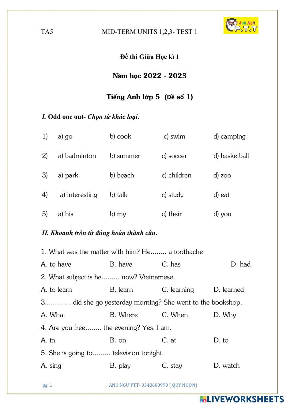 Ta5- mid-term s1 test 1 - 2022