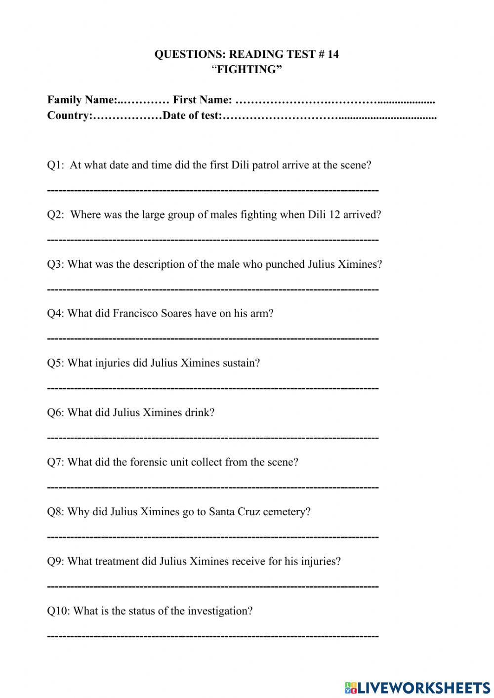 Reading comprehension test - 14 “fighting”