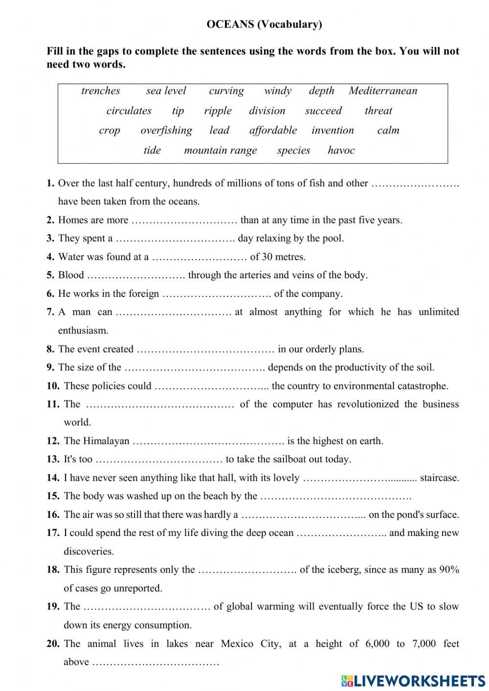 Oceans vocabulary Online Exercise For Live Worksheets Oceans vocabulary Online Exercise For Live Worksheets
