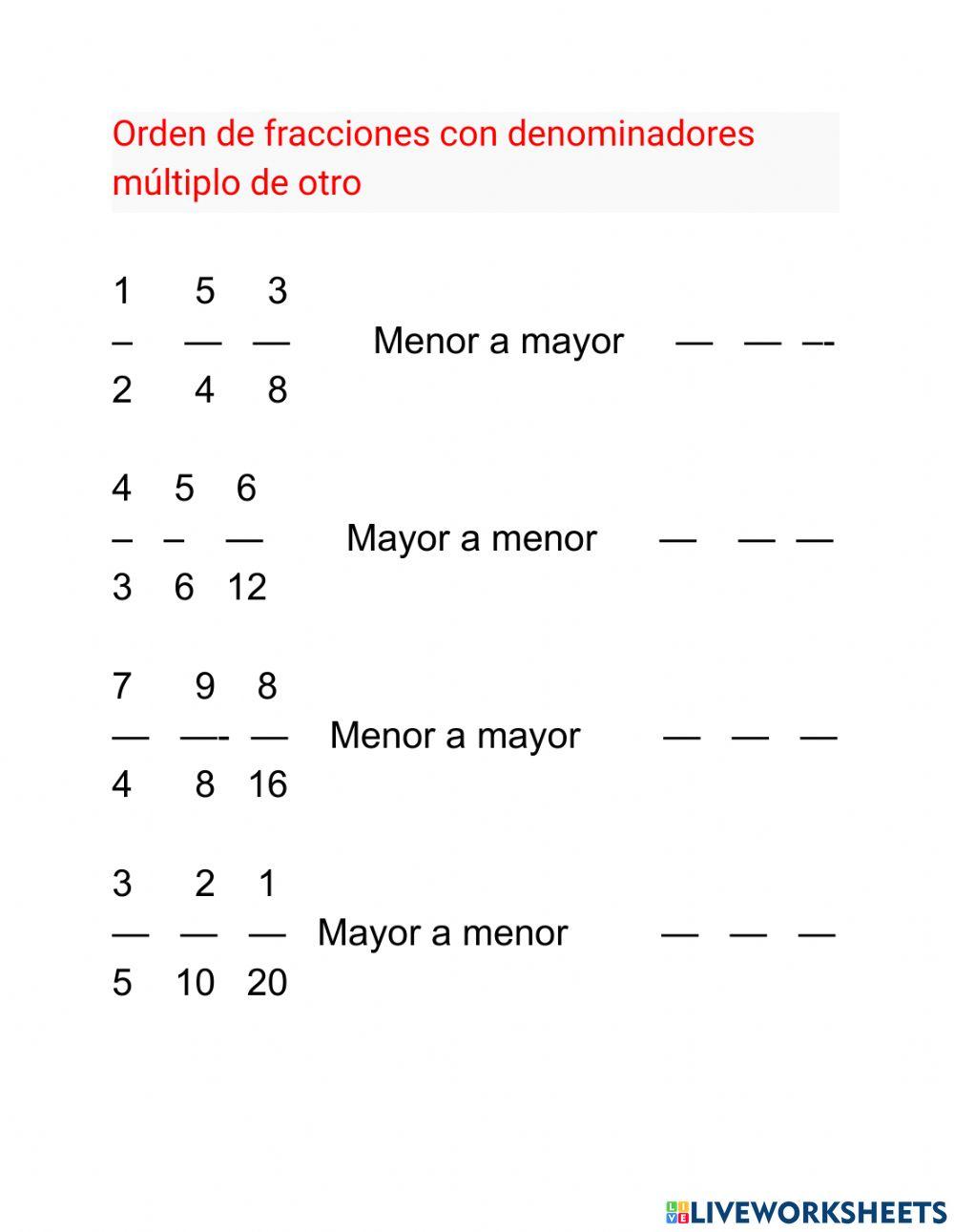 Orden de fracciones con denominador múltiplo de otro